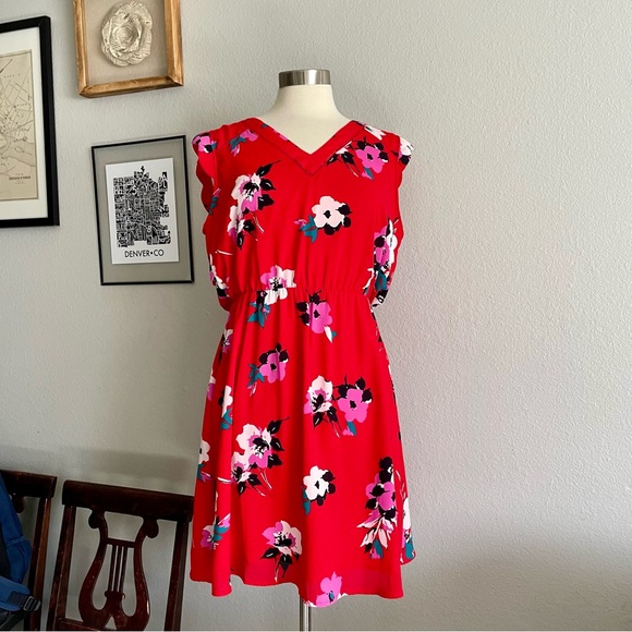41 Hawthorn Dresses & Skirts - 41 Hawthorn Red Floral Summer Dress Large Keyhole Back Lined Scalloped Sleeves